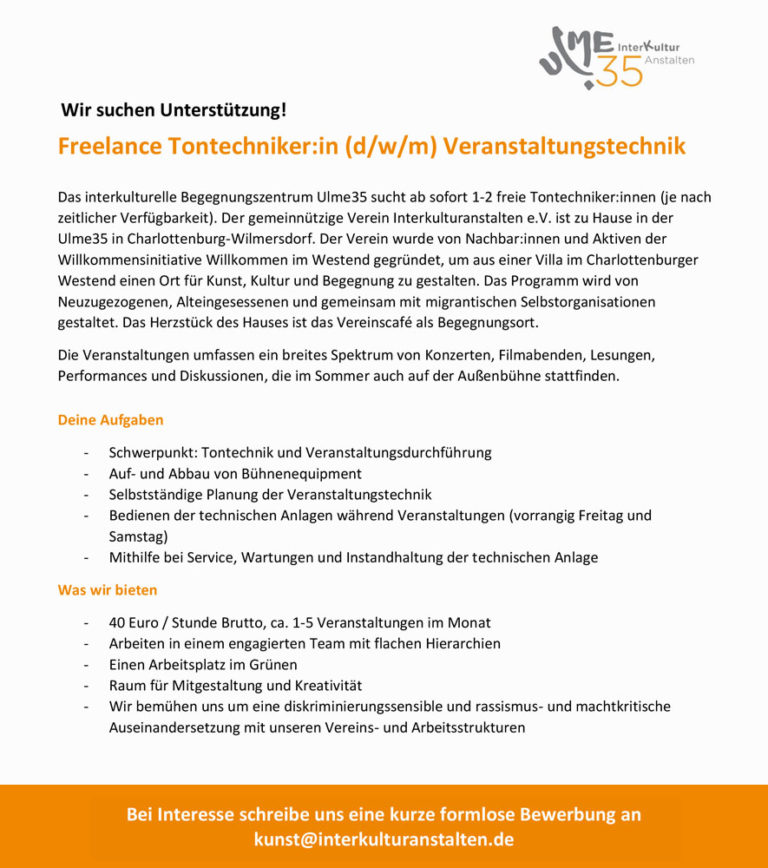 Stellenausschreibung: Freelance Tontechniker:in (d/w/m) Veranstaltungstechnik